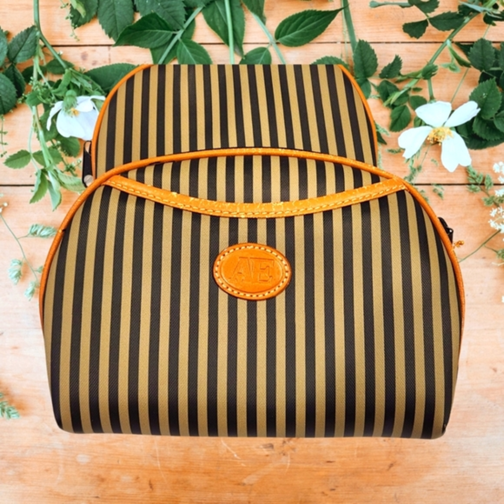 Set of 2 Matching Allen Edward Purse Crossover Makeup Change Brown Stripped‎ NWT